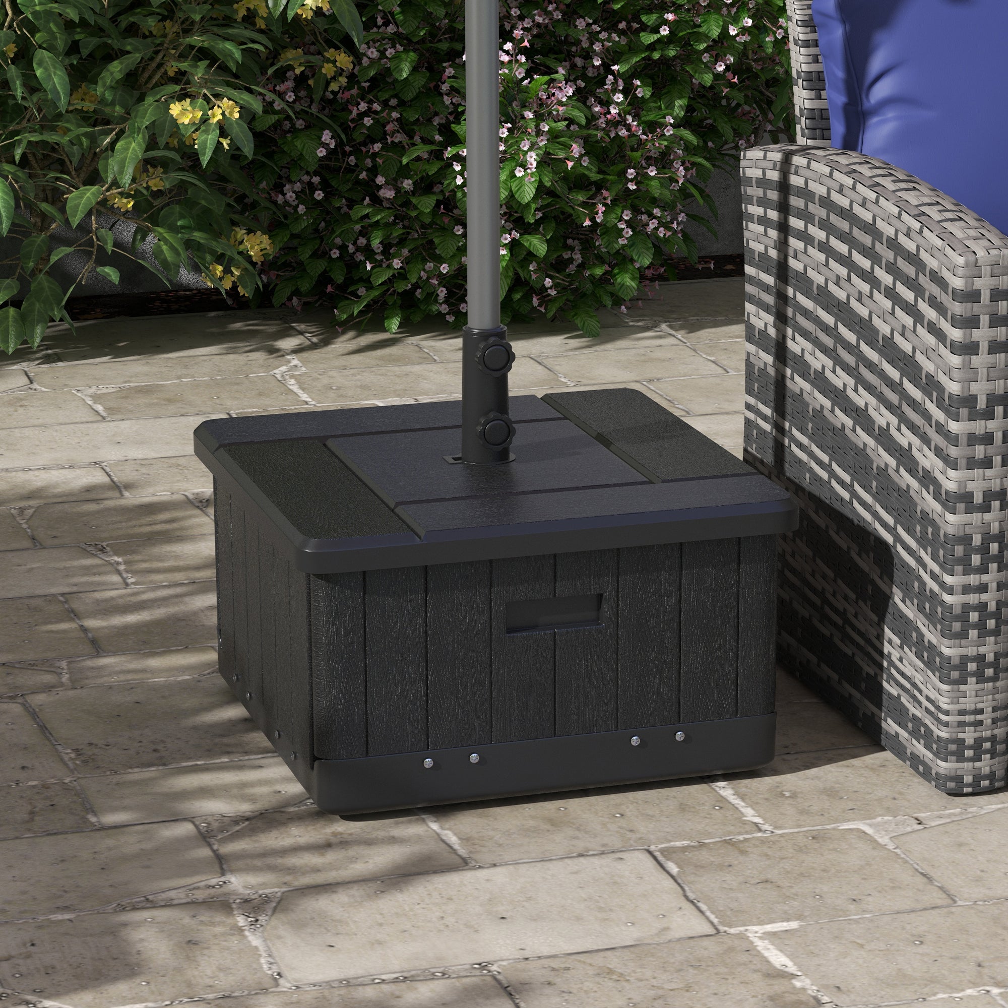 Outsunny 3-in-1 Outdoor Umbrella Base with Wheels and Handles, End Table, Flower Box Planter with Hole, 176 lbs. Capacity, Black 