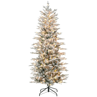 HOMCOM 6' Pre Lit Artificial Flocked Christmas Trees, with Snow Branches, Warm Yellow Clear Lights, Auto Open, Extra Bulb 