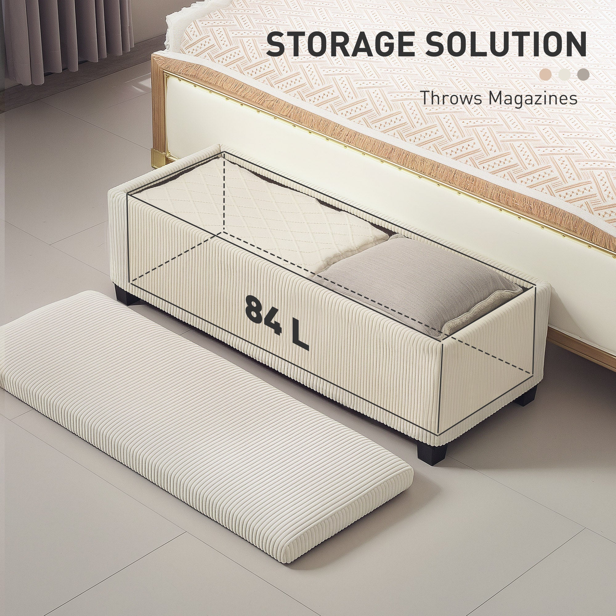 HOMCOM 44 Inches Ottoman with Storage, Lid, Legs, Corduroy End of Bed Bench for Living Room, Bedroom, Entryway, Beige 