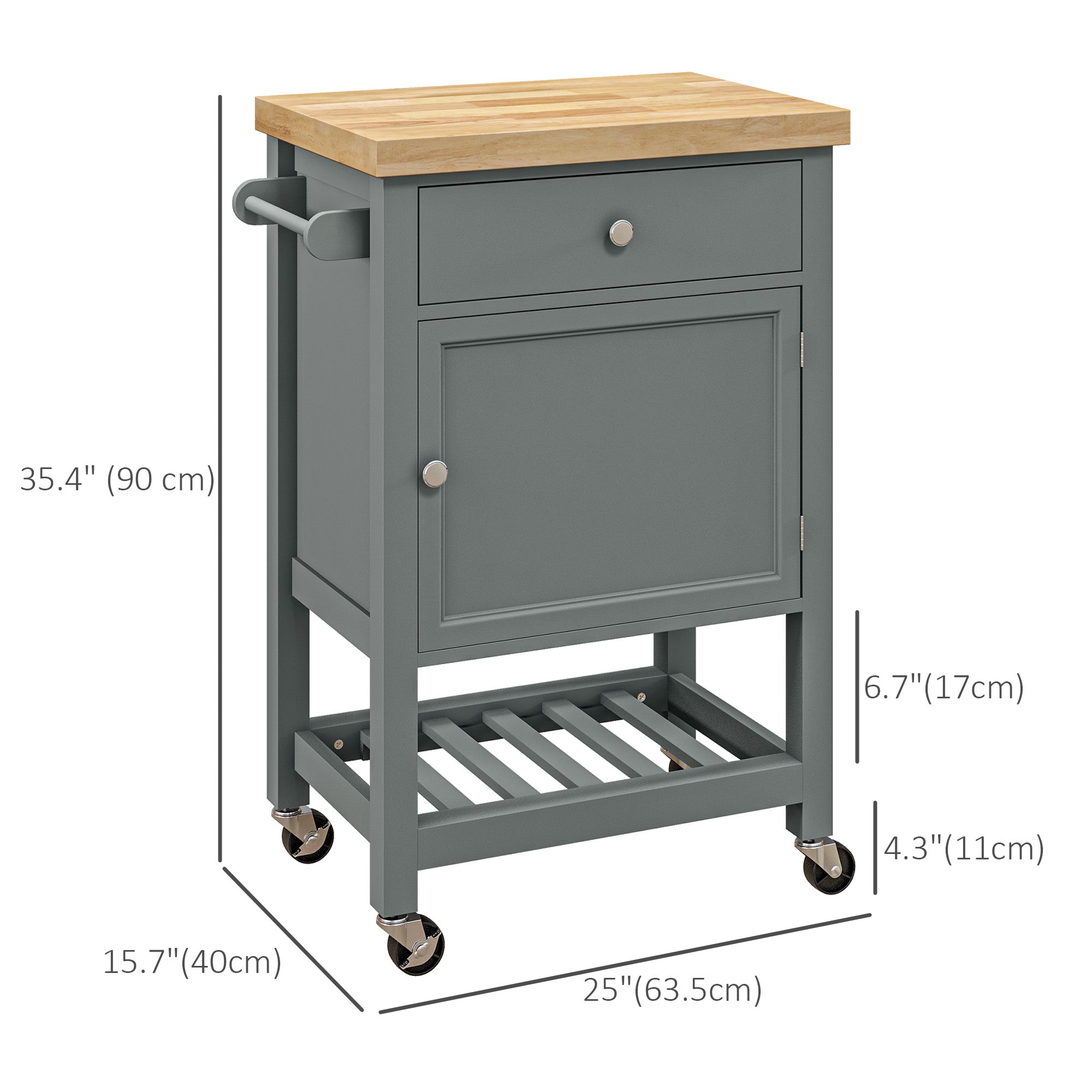 HOMCOM Kitchen Cart on Wheels, Rolling Kitchen Island Cart with Wood Top, Towel Rack, Drawer and Shelf for Dining Area, Grey 
