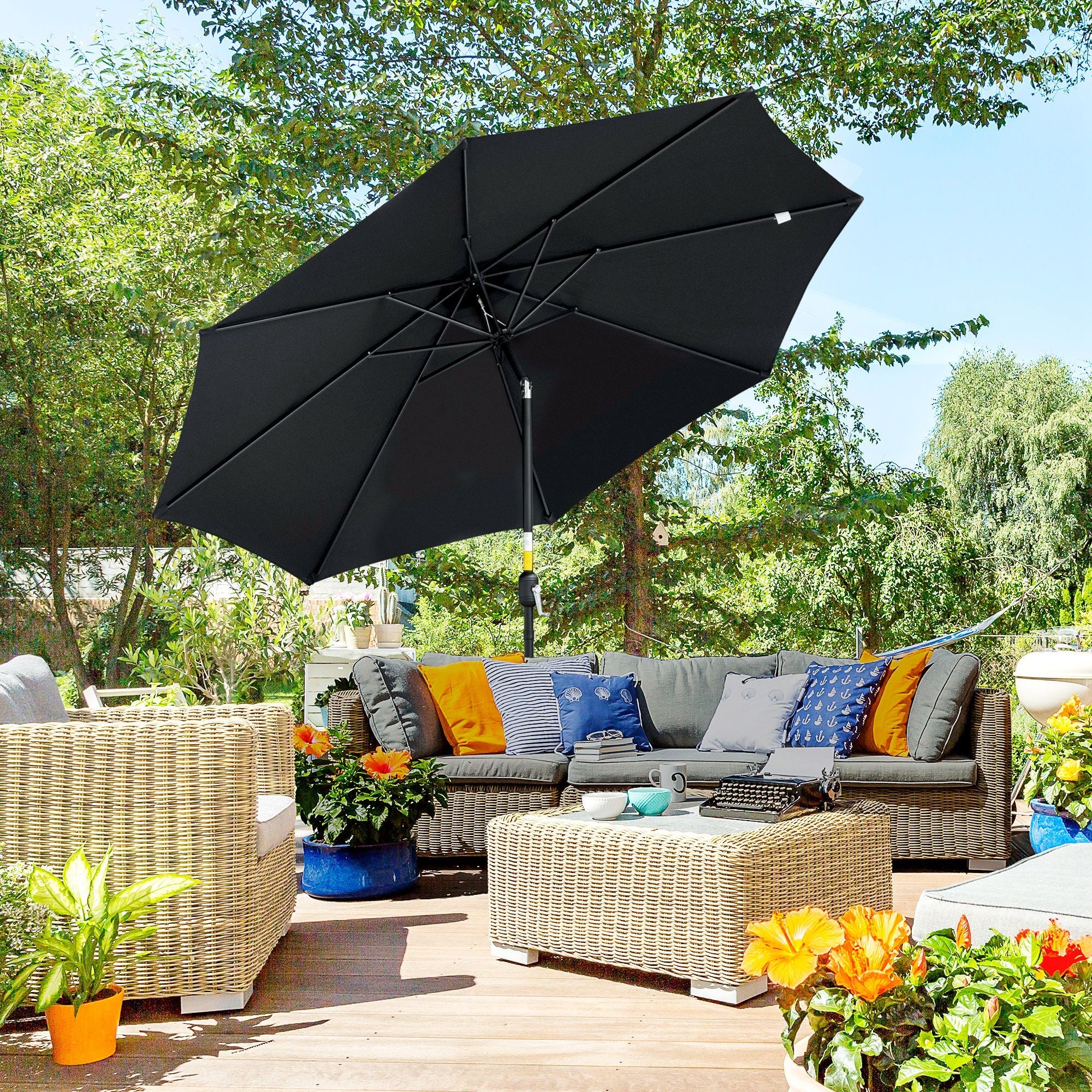 Outsunny Round Market Patio Sunshade: 10'x 8' with Crank Handle Tilt for Outdoor Garden Lawn, Black 