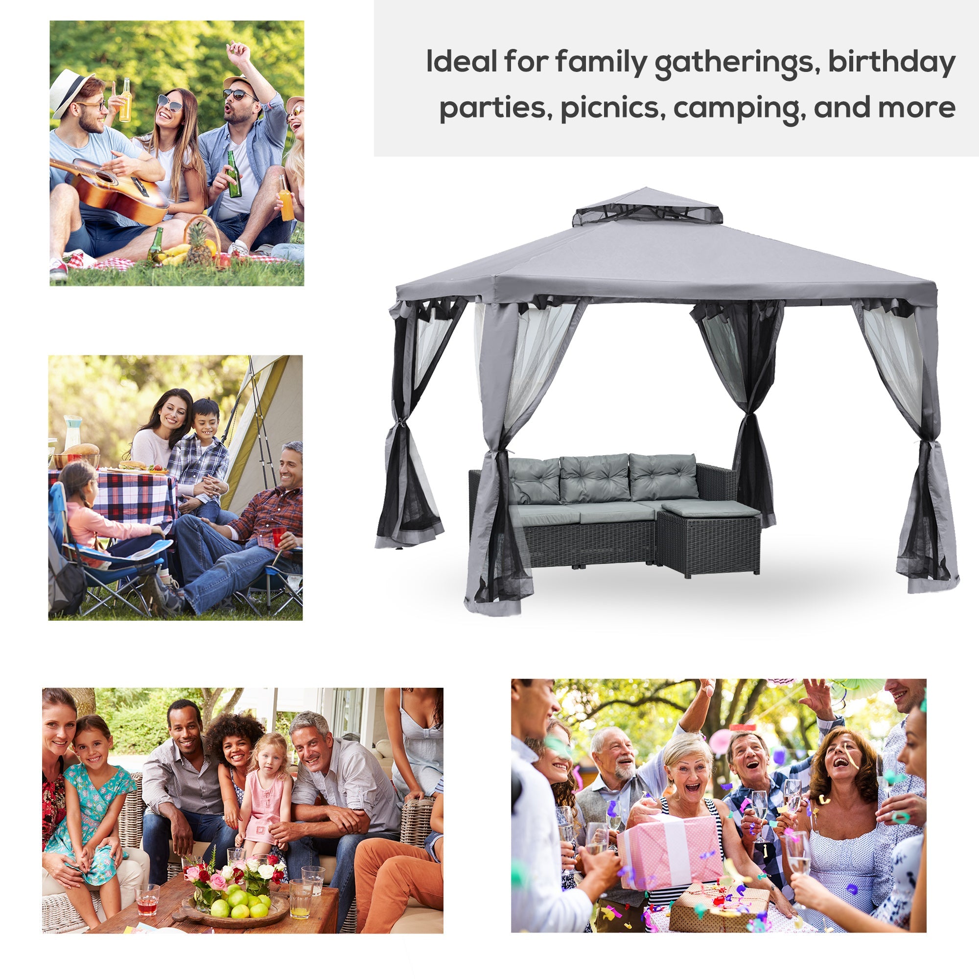 Outsunny Patio Gazebo 9.6x9.6ft Outdoor Pavilion 2 Tier Roof Canopy Steel Frame Grey 