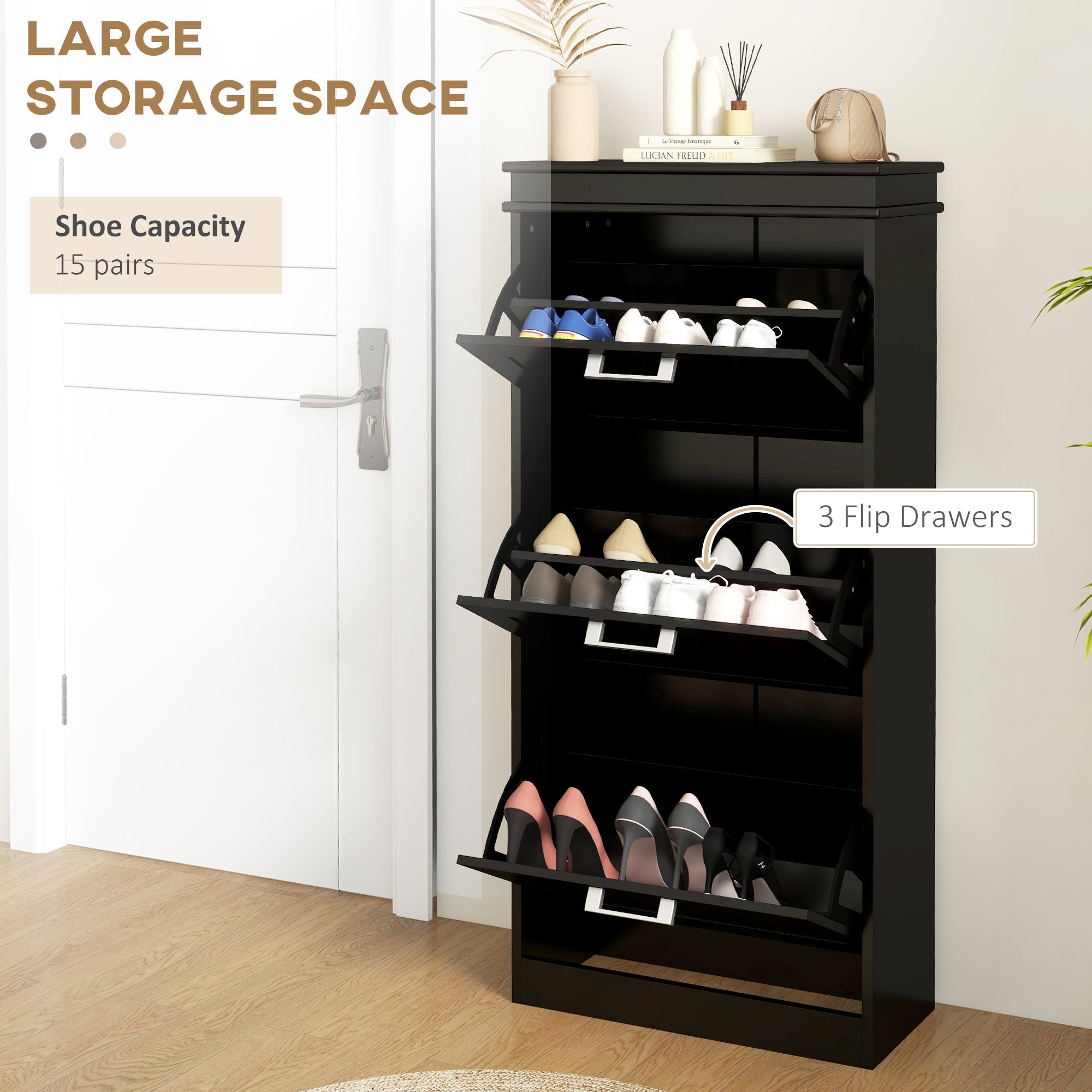 HOMCOM Narrow Shoe Cabinet: Black Storage with 3 Flip Drawers & Adjustable Shelves for 15 Pairs, Modern Design 
