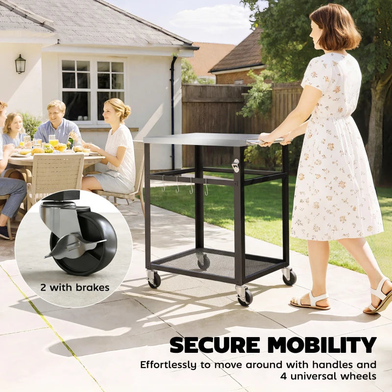 Outdoor Grill Cart with Stainless Steel Tabletop, 2-Tier Kitchen Prep Station with Hooks, Lockable Wheels, Black