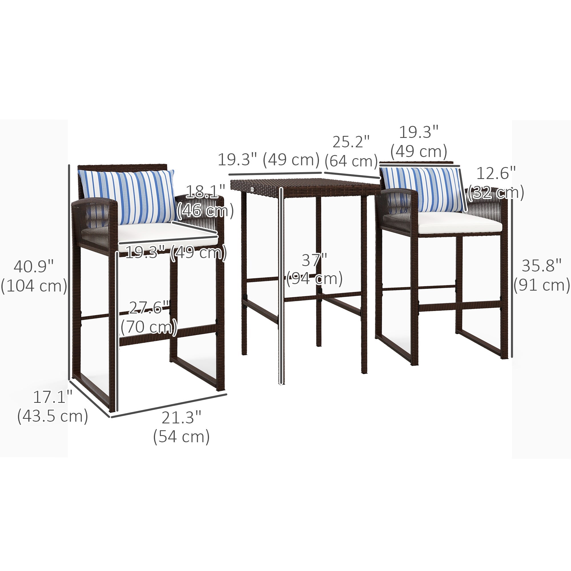 Outsunny 3-Piece Wicker Bar Set Patio Bar Table Chair with Cushions Poolside 25.2" x 19.3" x 37" White 