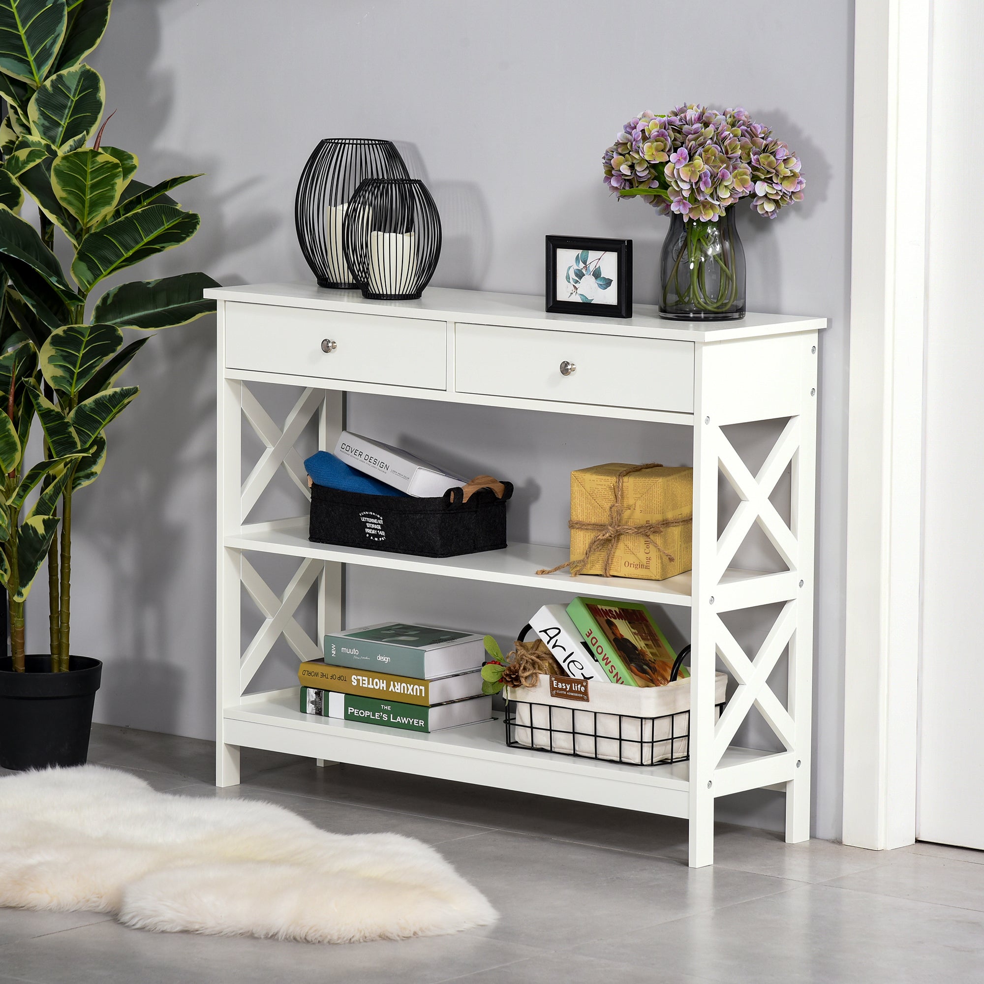 HOMCOM X-Frame Console Table: Sofa Side Table with Storage Shelves & Drawers, Living Room/Entryway, White 