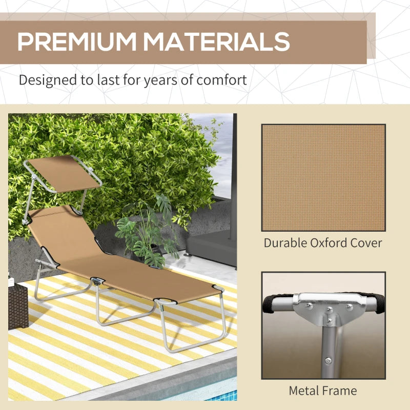 Outdoor Lounge Chair, Adjustable Folding Chaise Lounge with Sun Shade for Beach, Camping, Hiking, Brown