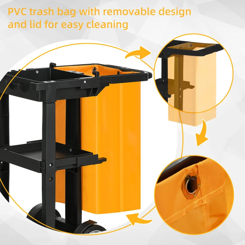 Janitorial Cart with 3 Shelves, Cleaning Cart on Wheels with Rubbish Bag and Mop Holders for Hotel, Housekeeping, Black