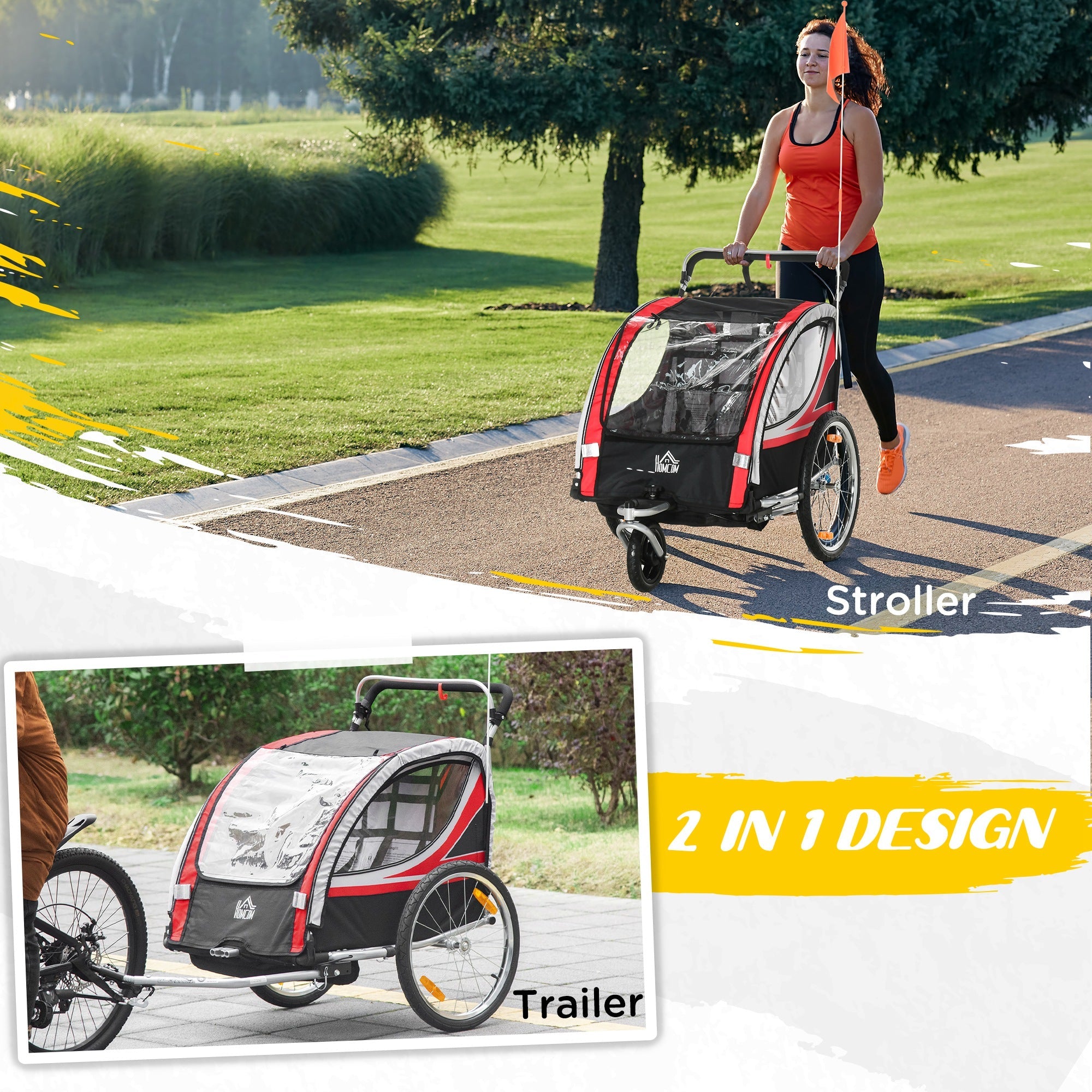Aosom 2-in-1 Child Bike Trailer & Stroller, Safety Brake, Storage, Reflective, Red, 5-Point Harness 
