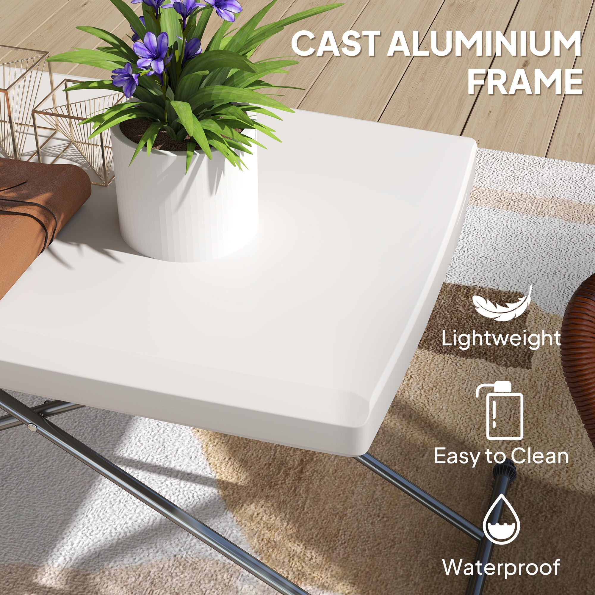 Outsunny Folding Outdoor Patio Table, 3-Level Adjustable Camping Table Picnic Table with HDPE Top, Steel Legs, White 