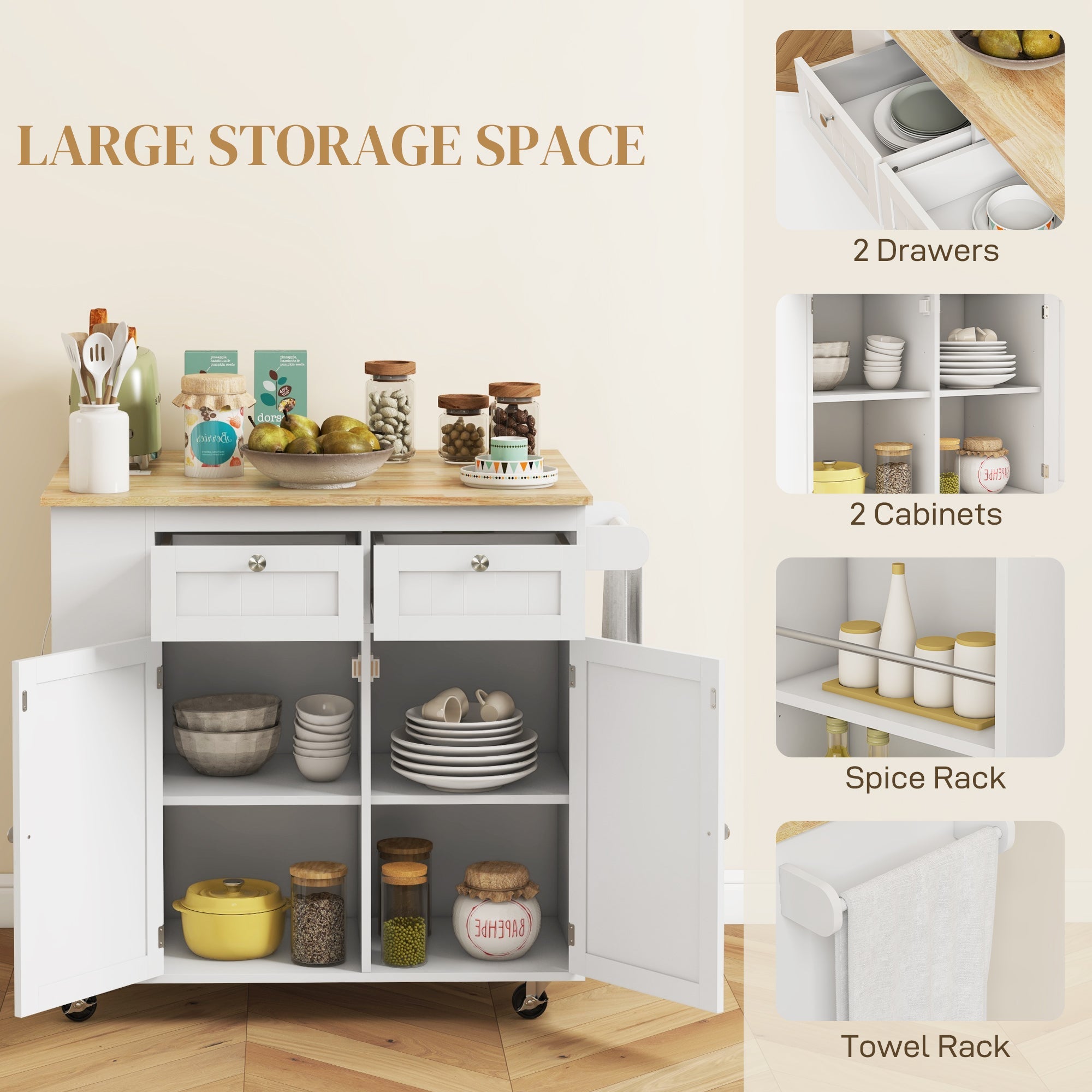 HOMCOM Kitchen Island: Power Outlet, Drop Leaf, Rolling Cart, 2 Drawers, Adjustable Shelves 