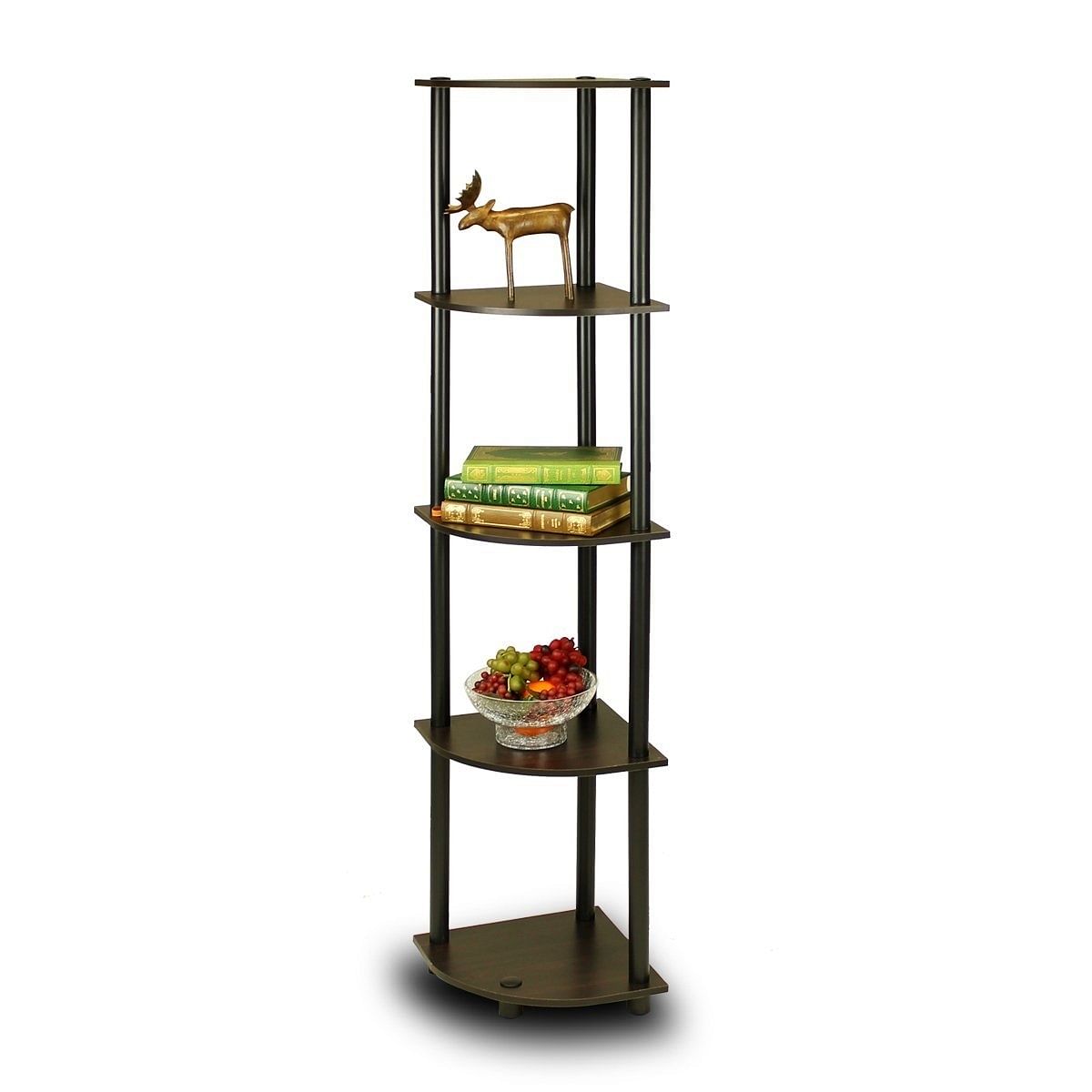 5-Tier Corner Display Shelf Bookcase in Espresso & Black - Free Shipping