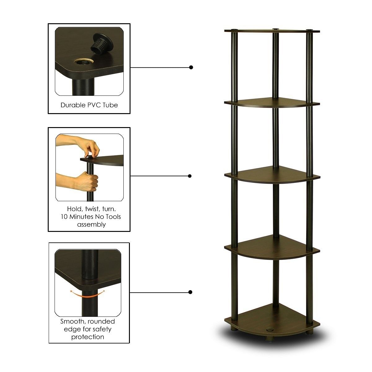 5-Tier Corner Display Shelf Bookcase in Espresso & Black - Free Shipping