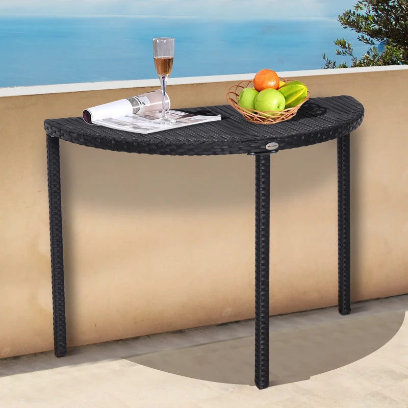 Half Round Side Table, PE Rattan Coffee Table with Metal Frame for Patio, Garden, Balcony, Black