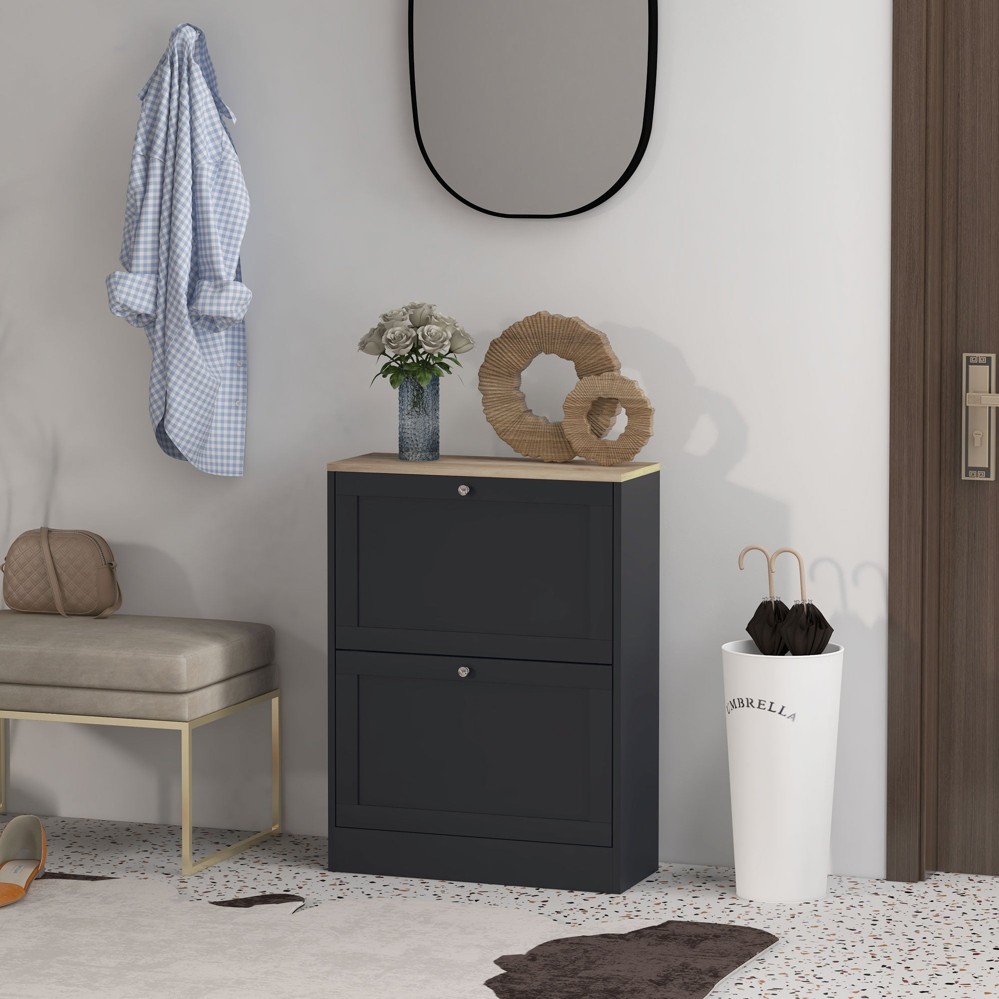 HOMCOM Slim Shoe Storage Cabinet, Modern Shoe Cabinet with 2 Flip Drawers and Adjustable Shelves for 12 Pairs, Black 