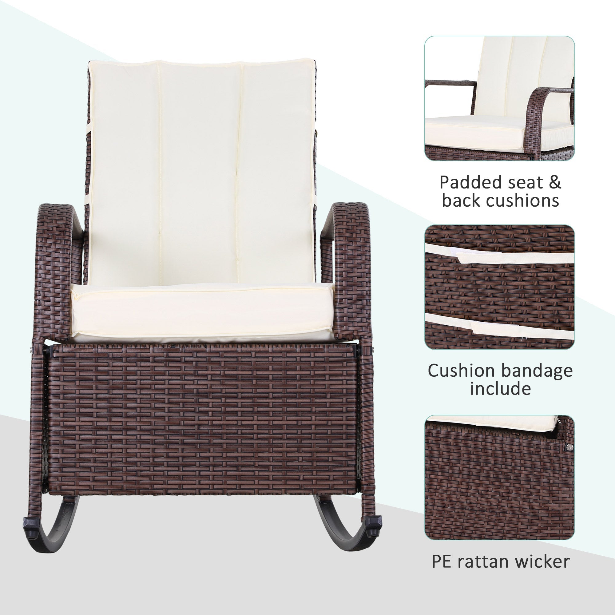 Outsunny Wicker Rocking Chair Outdoor with Cushion PE Rattan Recliner Adjustable Footrest Cream White 