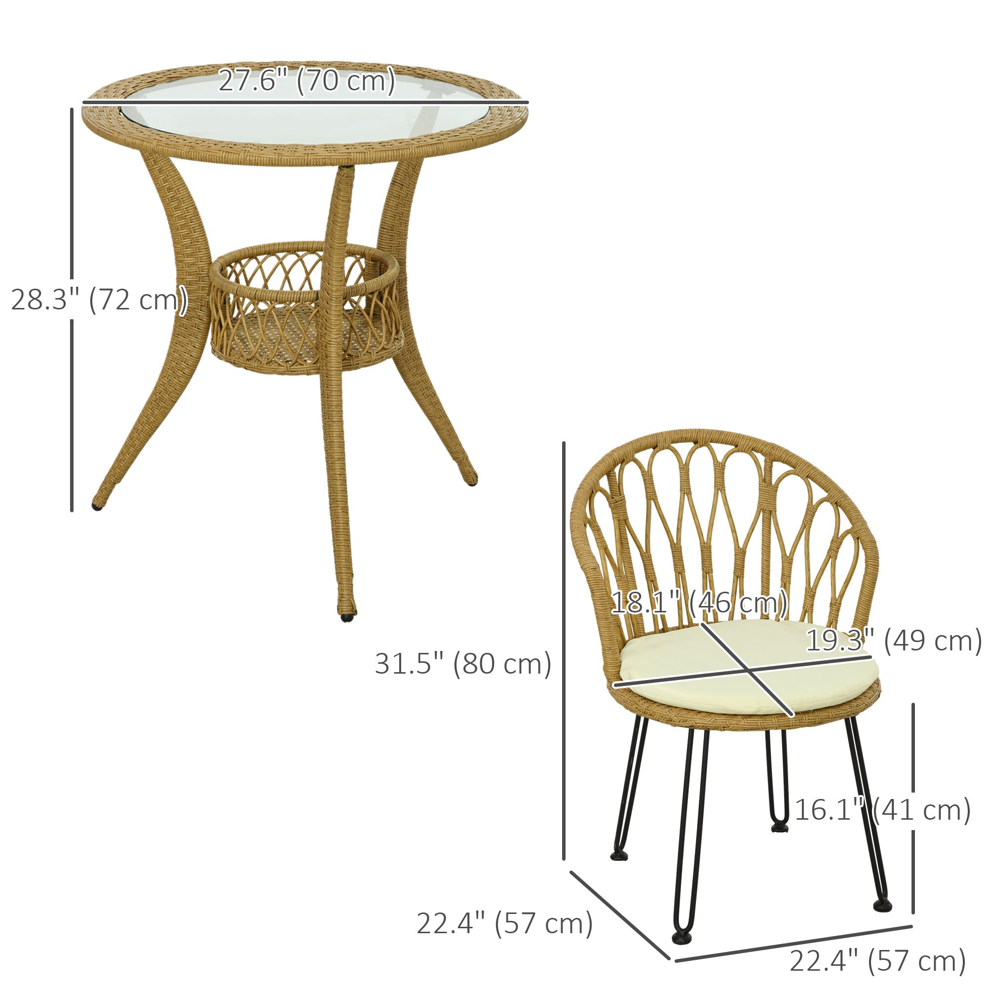 Outsunny 4 Piece Rattan Patio Dining Set Tempered Glass Top Storage Light Brown Furniture 