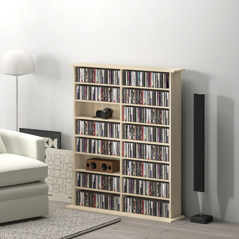 8-Tier DVD Shelf with 12 Adjustable Shelves, Double CD Shelf, Holds 720 CDs, 396 DVDs or 396 Blu-rays, Natural Wood