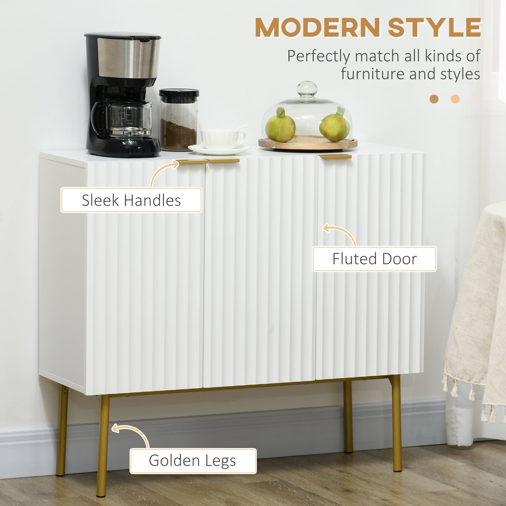 HOMCOM Elegant Storage Cabinet Sideboard with Gold Legs Spacious Buffet for Dining Living Room Hallway White 