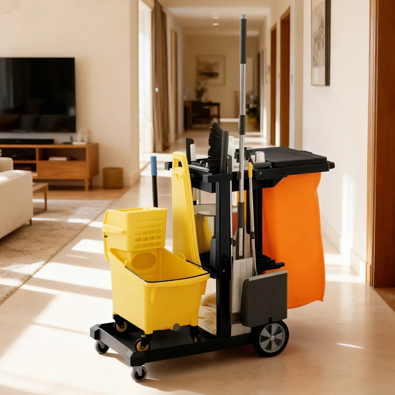 Commercial Janitorial Cart with 3 Tier Shelves, Cleaning Cart with Rubbish Bag and Mop Mount for Hotel Restaurant, Black