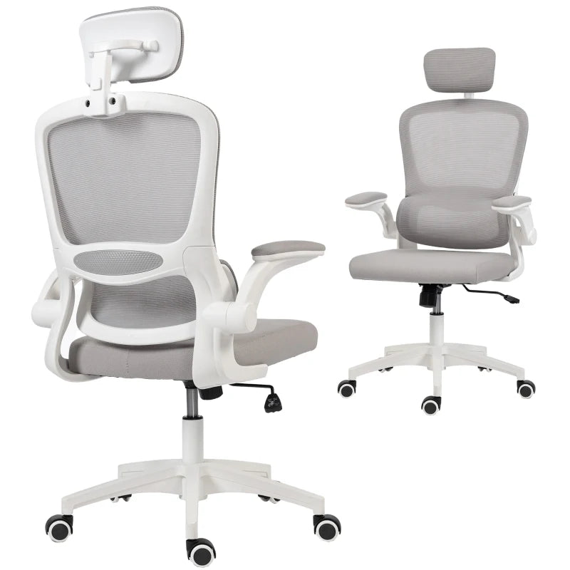 Ergonomic Mesh Office Chair, High Back Desk Chair with Rotatable Headrest, Flip-Up Armrests, Lumbar Support, Grey