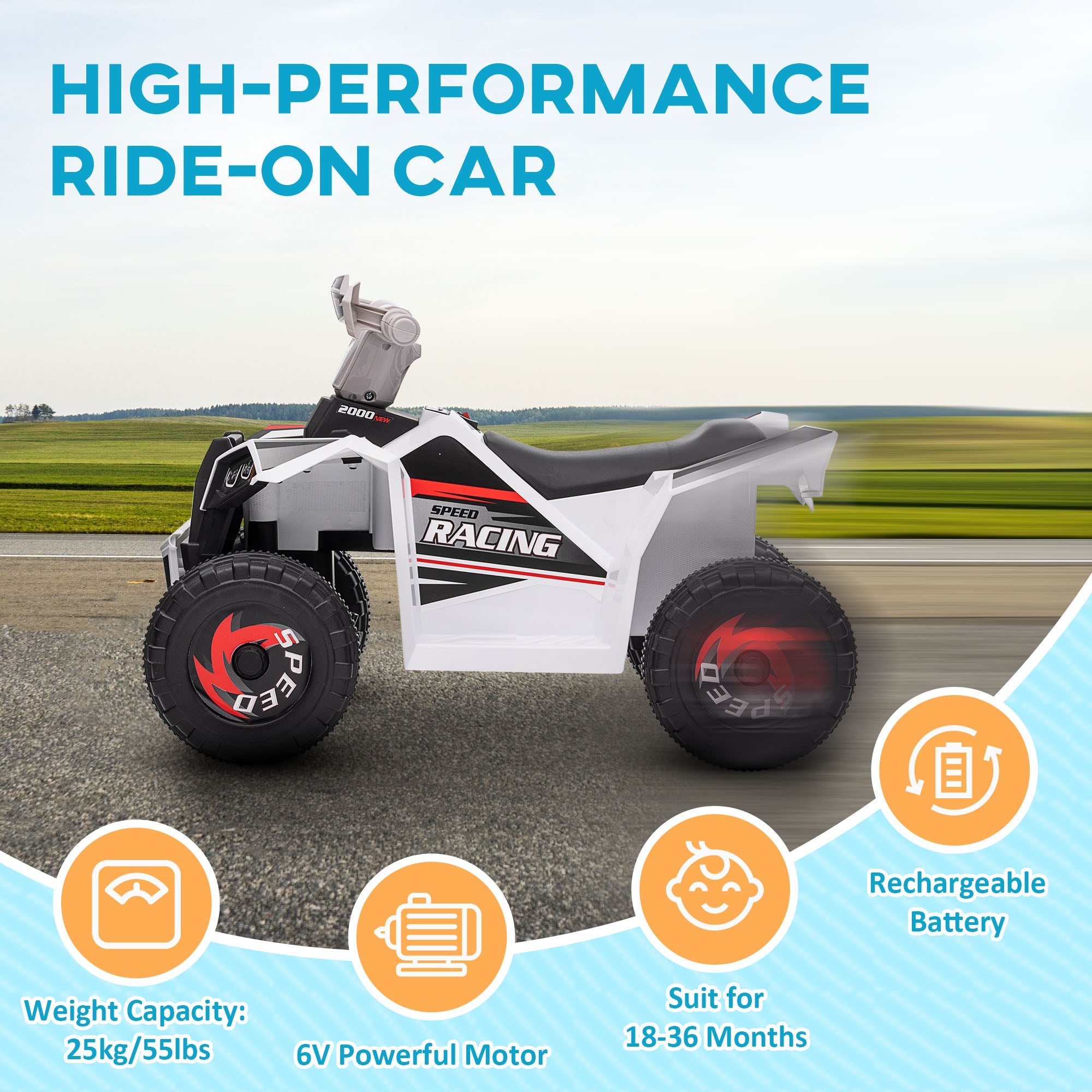 Aosom 6V Quad Kids Electric Car with Wear-resistant Wheels, for Boys and Girls Aged 18-36 Months, White 