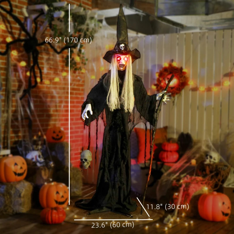 Outsunny 5ft Life-Size Animated Standing Witch – Voice & Sound Activated, Moving Head & Flashing Eyes, Indoor Halloween Prop 