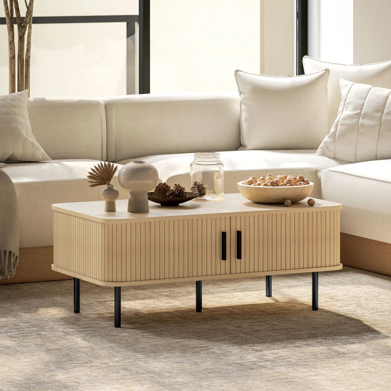 Coffee Table with Storage, Nordic Side Table with Fluted Tambour Sliding Doors and Steel Legs for Living Room, Oak