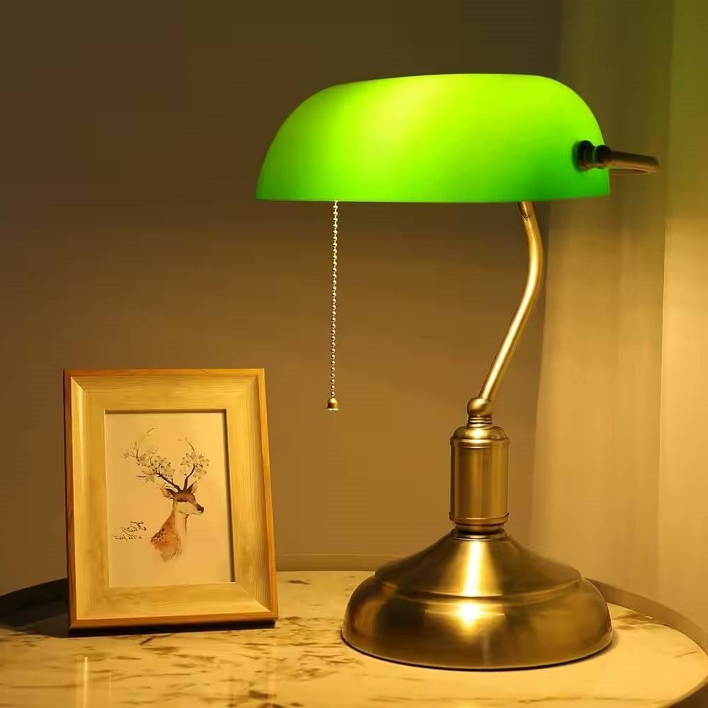 Antique Brass Bankers Lamp Desk Light Table Lamp with Green Glass Shade - Free Shipping