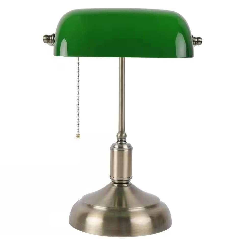 Antique Brass Bankers Lamp Desk Light Table Lamp with Green Glass Shade - Free Shipping 