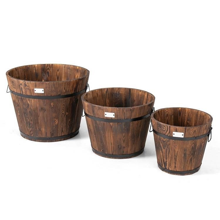 Set of 3 Outdoor Wooden Barrel Planter Pots with Handles 11.5, 15, and 18 inch - Free Shipping 