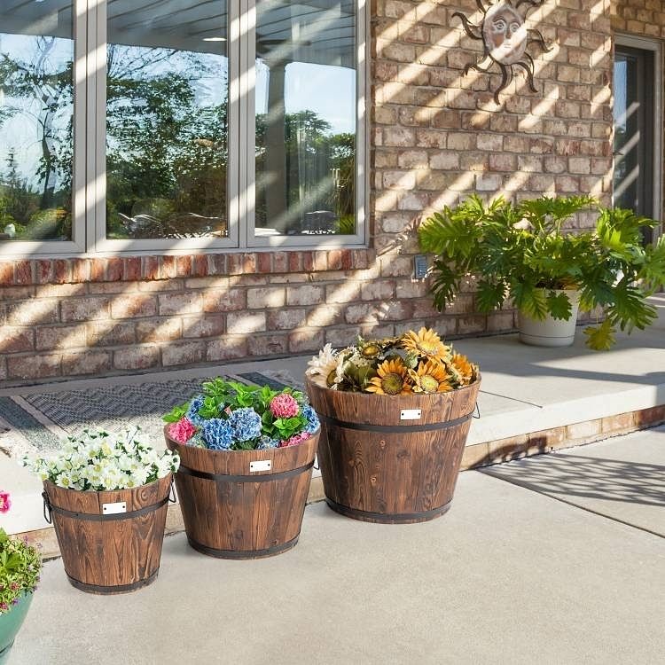 Set of 3 Outdoor Wooden Barrel Planter Pots with Handles 11.5, 15, and 18 inch - Free Shipping 