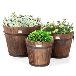 Set of 3 Outdoor Wooden Barrel Planter Pots with Handles 11.5, 15, and 18 inch - Free Shipping 