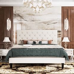 King White Faux Leather Upholstered Platform Bed with Button-Tufted Headboard - Free Shipping 