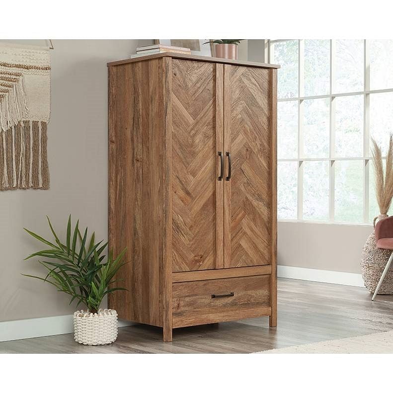 FarmHouse Rustic Herringbone 1 Drawer Garment Rod Wardrobe Armoire - Free Shipping