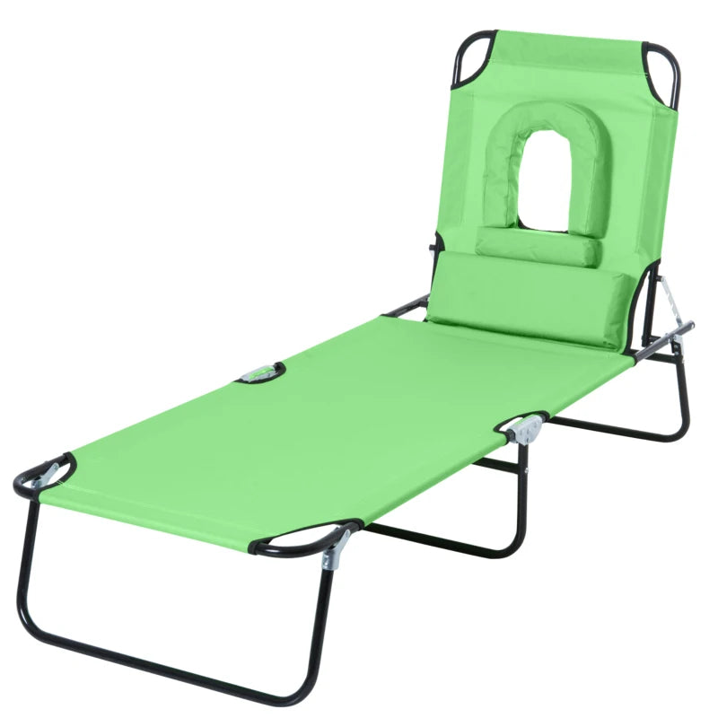 Adjustable Outdoor Lounge Chair, Garden Folding Chaise Lounge with Face Hole Reclining Tanning Chair Seat, Folding Camping Beach Lounging Bed w/ Support Pillow, Green