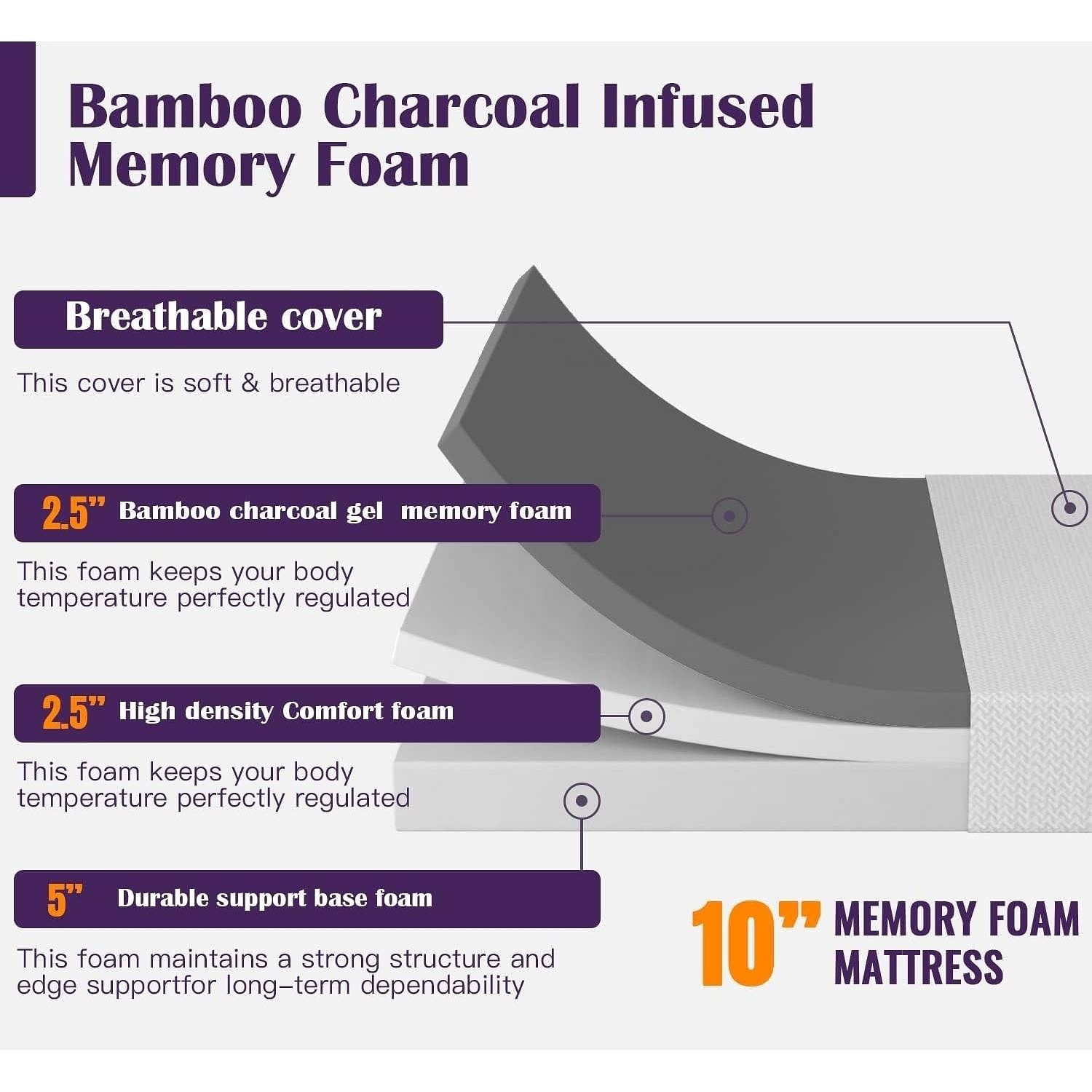 Full size 10-inch Charcoal Infused Memory Foam Mattress with Removable Cover - Free Shipping