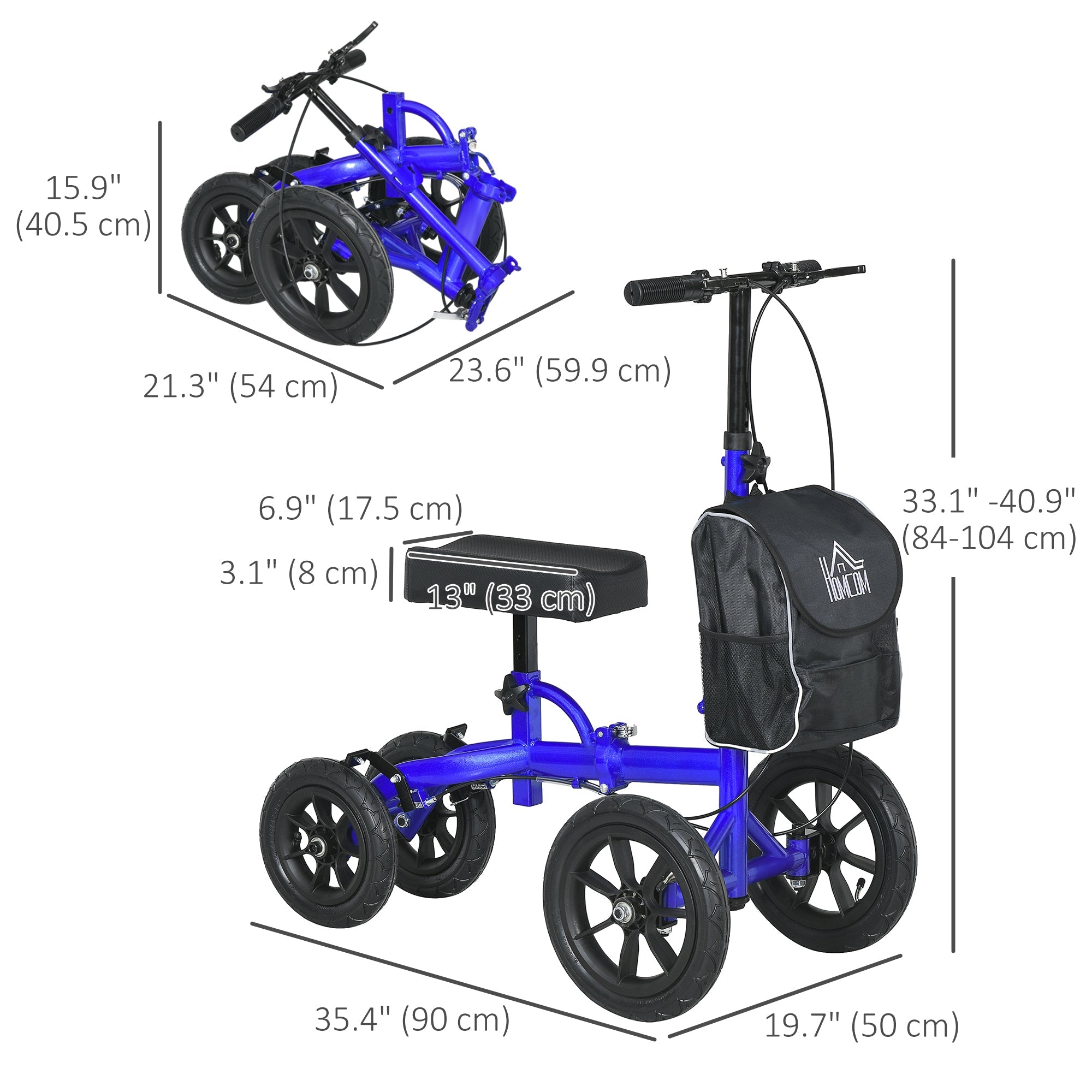 HOMCOM Adjustable Steerable Knee Walker, Foldable Knee Scooter with Rubber Wheels, Dual Brake, Crutch Alternative, Blue 
