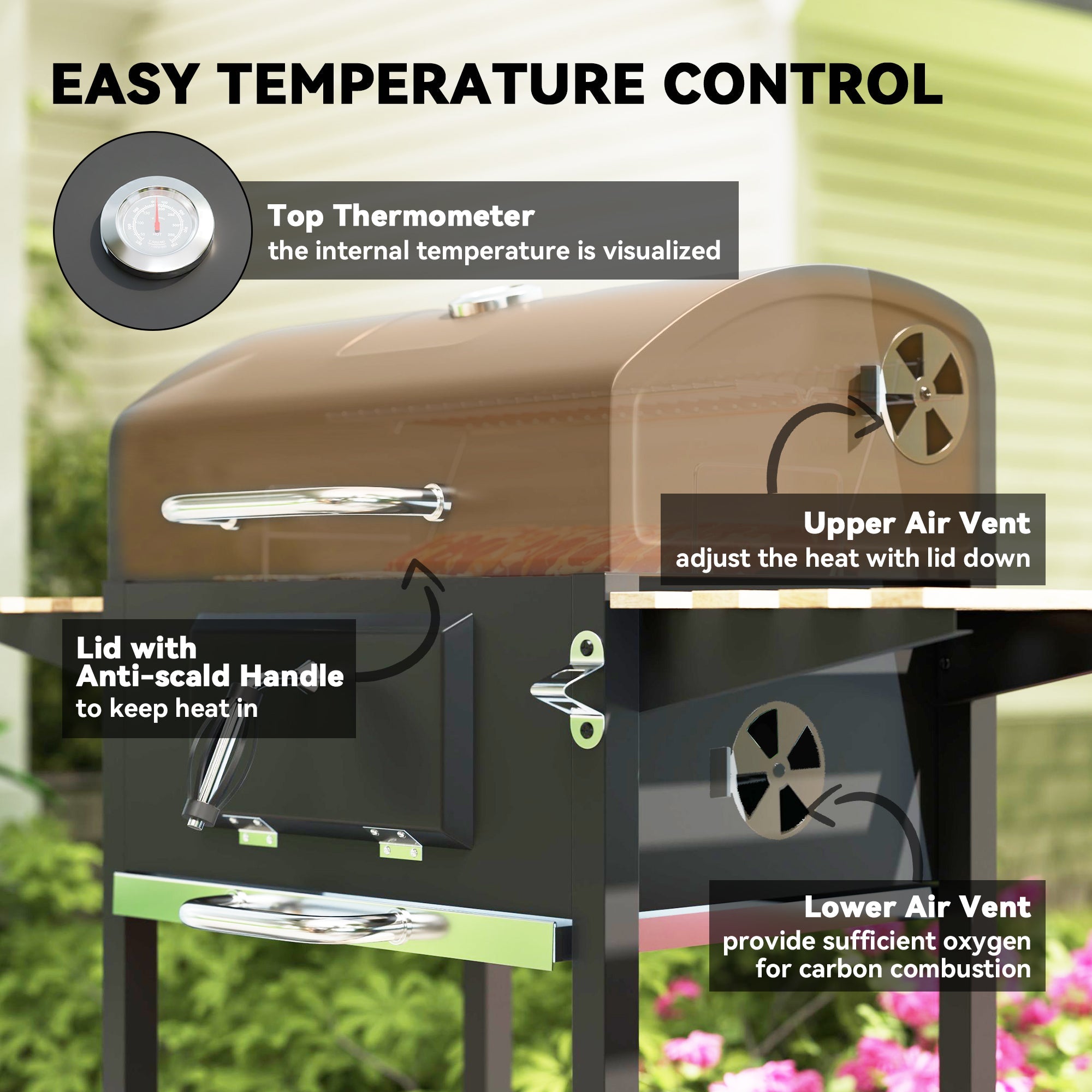 Outsunny 20" Charcoal BBQ Grill Barbecue on Wheels with Adjustable Charcoal Pan, Spacious Cooking Area, 3 Shelves, Thermometer 