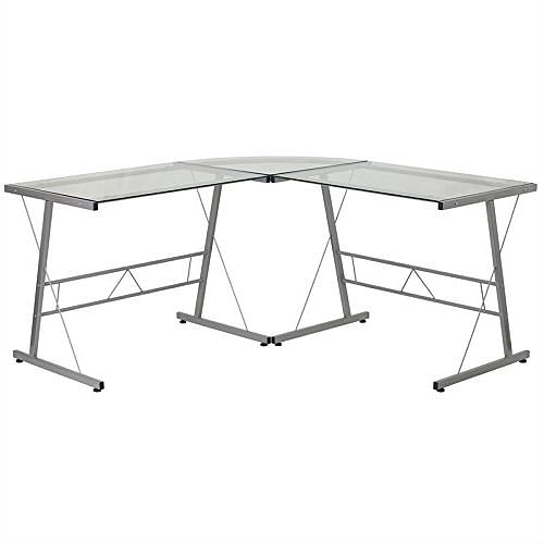 Modern Silver Metal L-Shaped Desk with Glass Top and Floor Glides - Free Shipping 