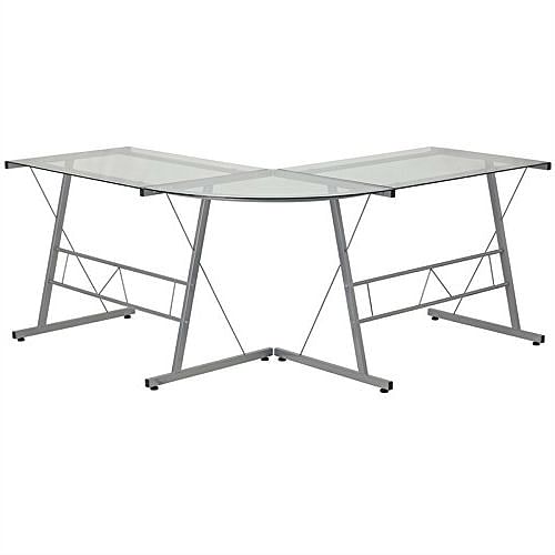 Modern Silver Metal L-Shaped Desk with Glass Top and Floor Glides - Free Shipping 