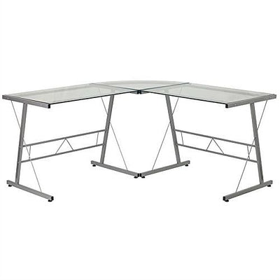 Modern Silver Metal L-Shaped Desk with Glass Top and Floor Glides - Free Shipping 