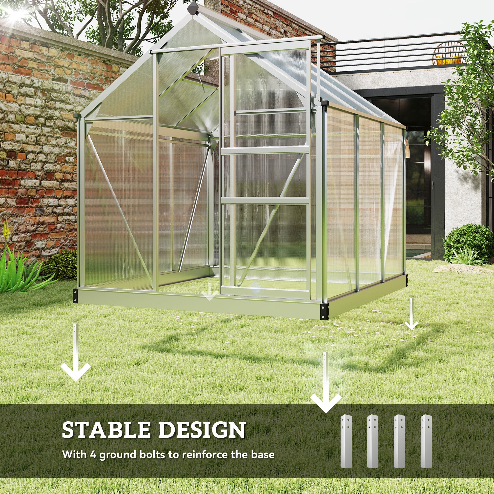 Outsunny 6' x 6' x 6.6' Polycarbonate Greenhouse, Walk-In Green House Kit Garden, Plants Grow, Galvanized Sheet Aluminum Frame with Rain Gutter, Vent and Sliding Door, Silver 