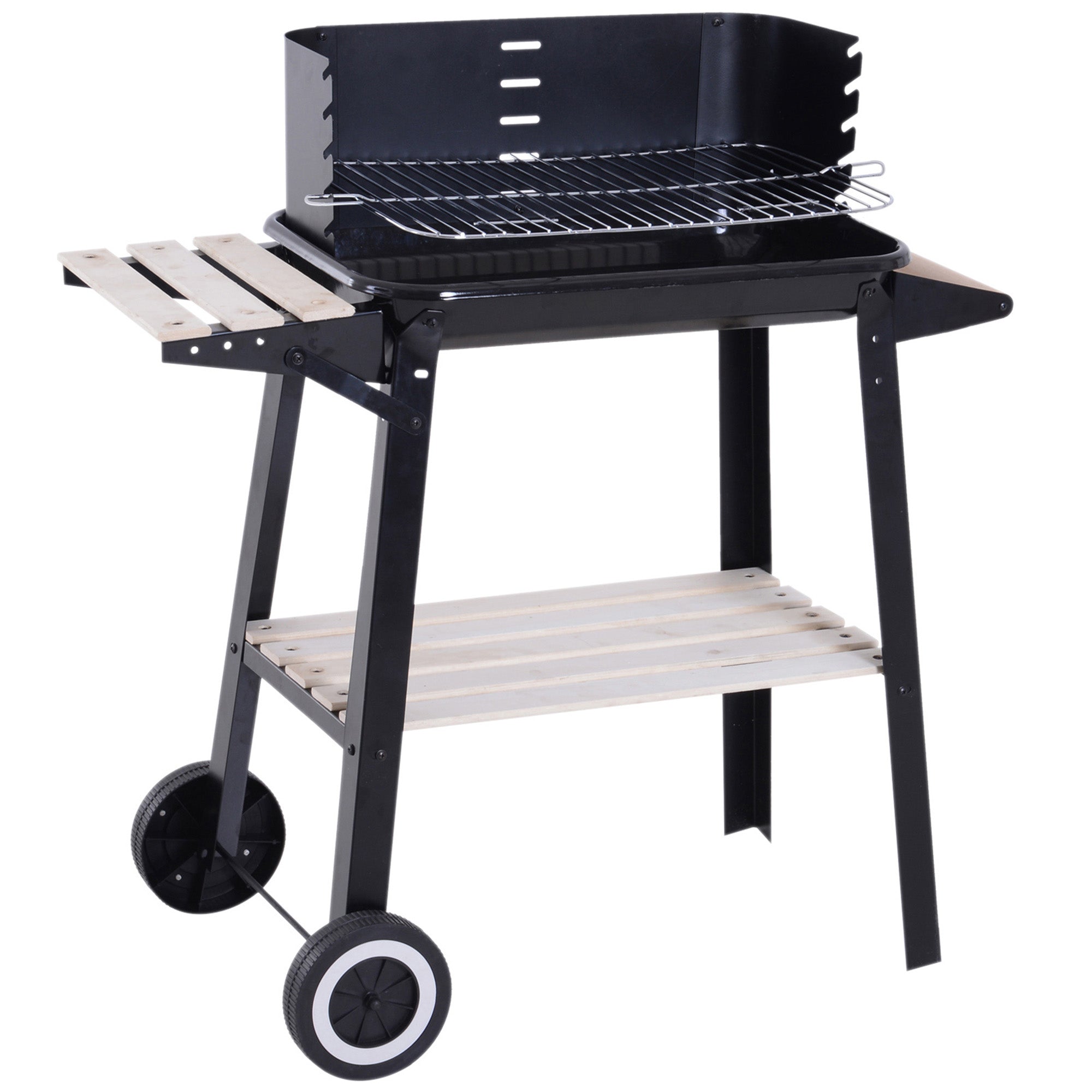 Outsunny Charcoal BBQ Grill Trolley with Side Trays & Storage - Outdoor Patio Garden Smoker, Heating, Portable with Wheels 