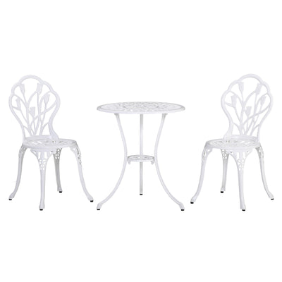 Outsunny 3-Piece Cast Aluminum Patio Bistro Set, Outdoor Table and Chairs with Umbrella Hole, Elegant Design, White 