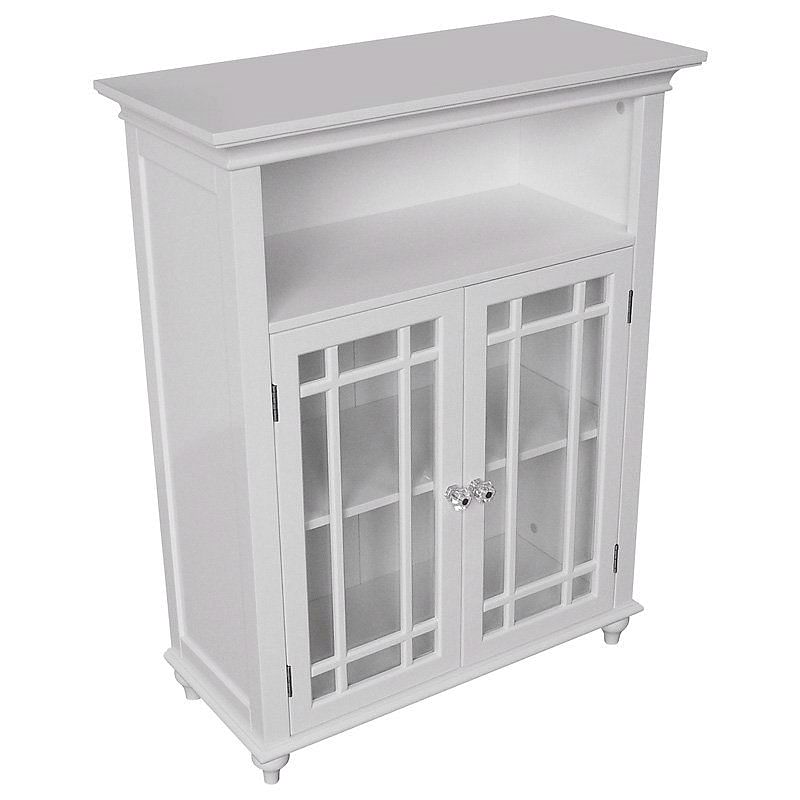 Classic White Wood 2-Door Bathroom Floor Cabinet with Glass Paneled Doors - Free Shipping