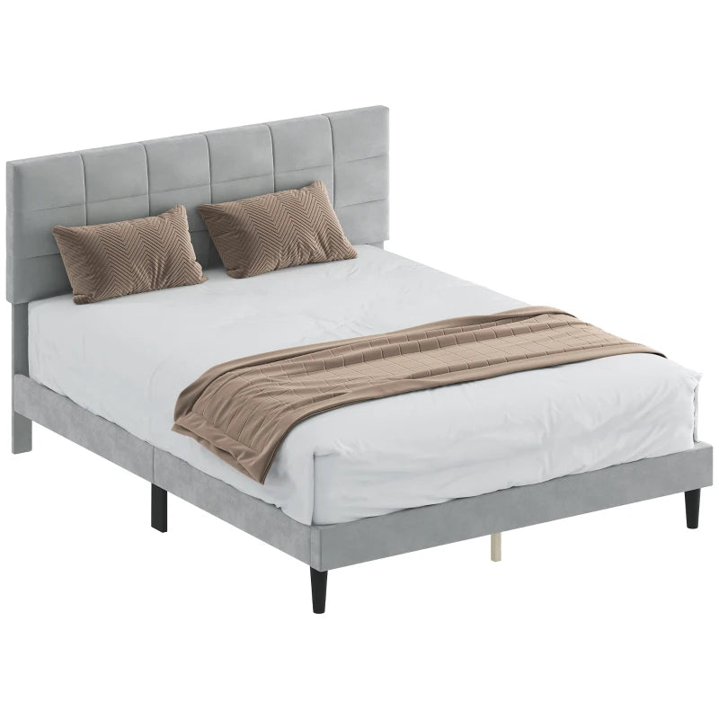 Queen Size Bed Frame with Upholstered Headboard, Modern Platform Bed Frame with Wood Slats, 1100 lbs Capacity, Grey