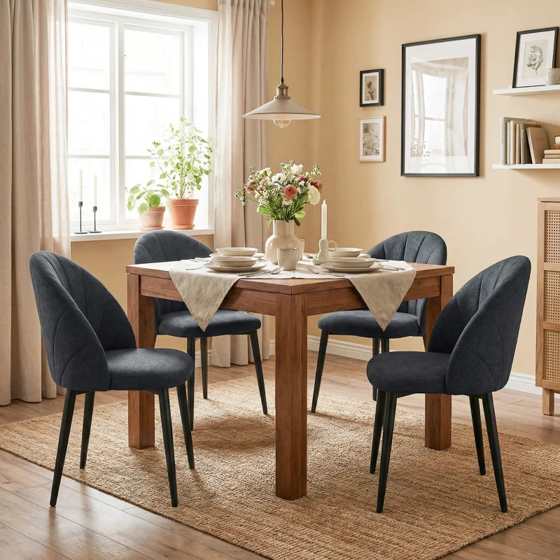 Modern Dining Chairs Set of 4, Upholstered Dining Room Chairs with Metal Legs, Shell Backrest, Padded Seat, Black