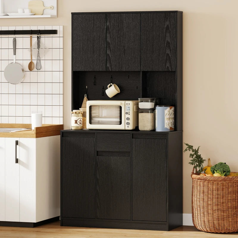 71" Pantry Cabinet with Charging Station, Kitchen Storage Cabinet with Microwave Stand, Pegboard, 6 S-hooks, Black