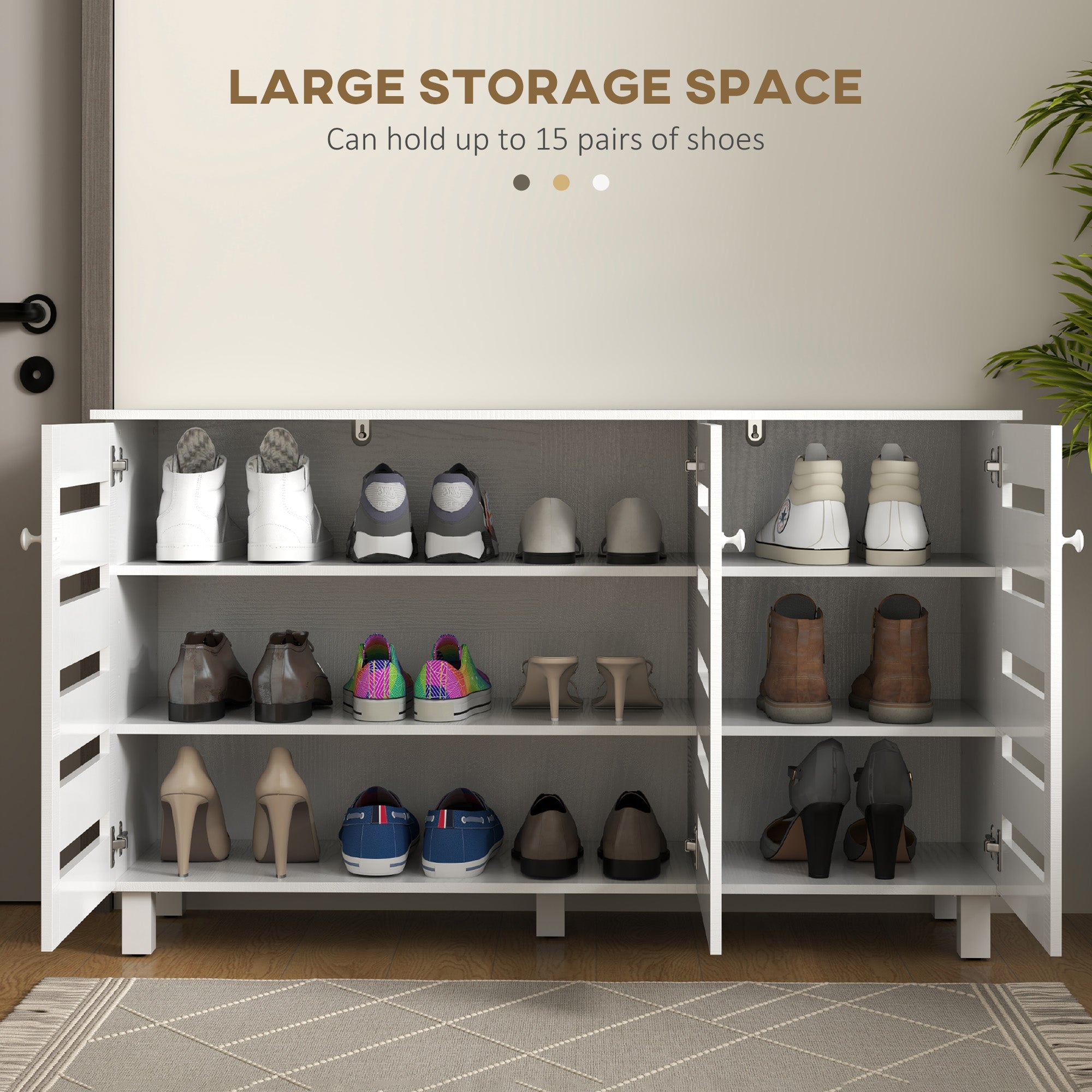 HOMCOM Shoe Cabinet with 3 Slatted Doors, 3-tier Shelving Rack Cabinet with Adjustable Shelves for 15 Pairs of Shoes, White 